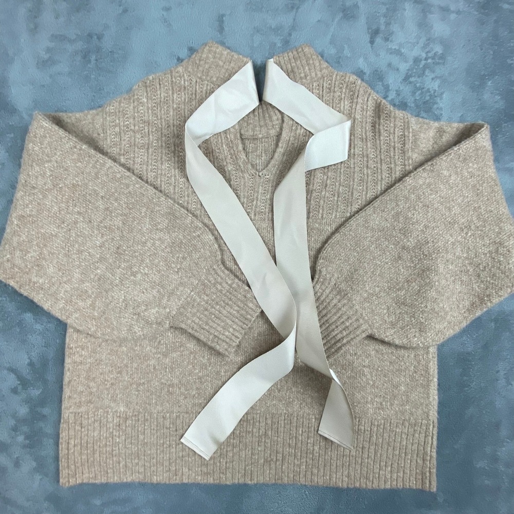 The Good Friends Women Sweater L Beige Wool Blend Back Tie Ribbon Balloon Sleeve - Picture 5 of 12